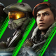 A collage of video game characters, including Master Chief and Lara Croft, stand close together while looking left.